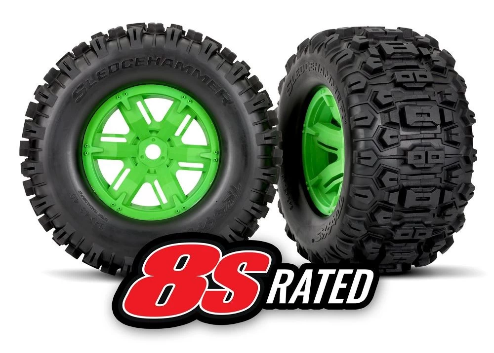 Traxxas Left/Right Sledgehammer Tires On X-Maxx Green Wheels, Assembled (2) 1 Traxxas Left/Right Sledgehammer Tires On X-Maxx Green Wheels, Assembled (2)